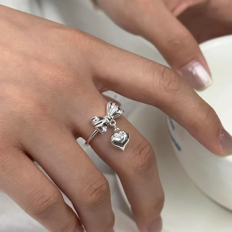 PANJBJ 925 Sterling Silver Bowknot Heart Ring – Adjustable Romantic Minimalist Jewelry Gift for Women
