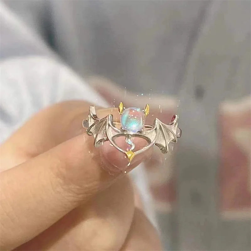 Korean Style Angel Wings Adjustable Ring – Silver Color Rhinestone Finger Jewelry for Women, Party & Birthday Gift