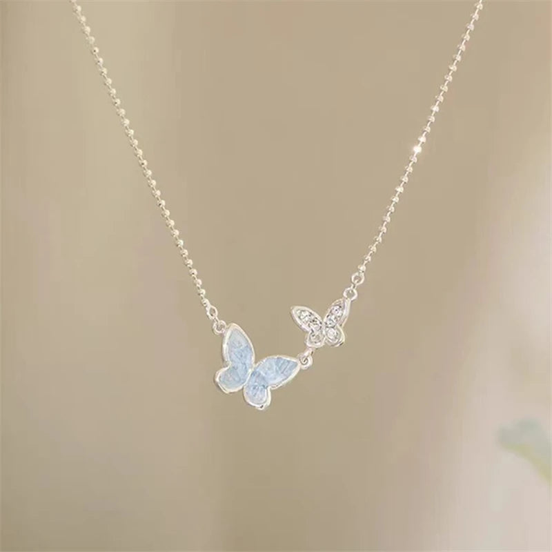 Simple Double Butterfly Blue Rhinestone Necklace Crystal Bracelet Exquisite Earrings Set Ladies Temperament Party Jewelry