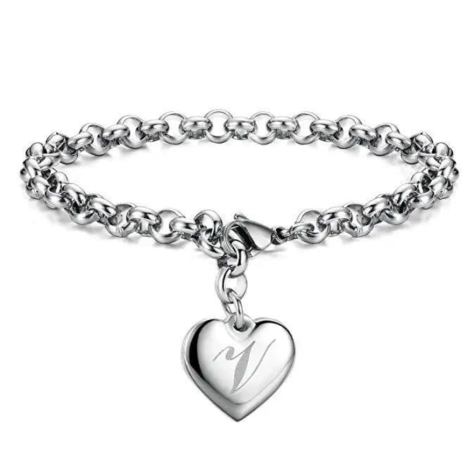925 Sterling Silver Heart & Letter Charm Bracelet – Elegant A-Z Chain Jewelry for Women | Wedding, Party, Gift