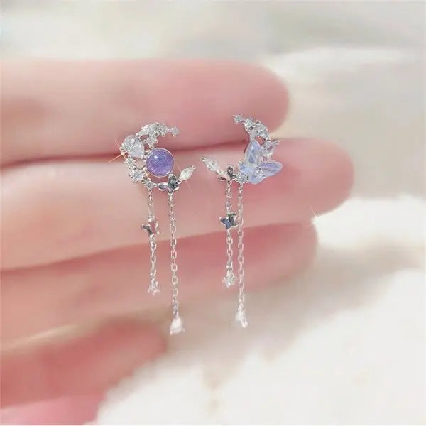 Korean Light Luxury Zircon Moon & Star Asymmetric Stud Earrings – Crystal Cloud Pearl Earrings for Women & Girls