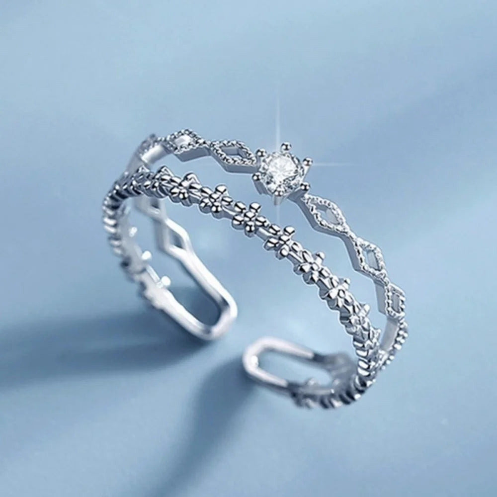 Retro 925 Sterling Silver Double Layer Flower Lace Ring For Women Fashion Adjustable Open Finger Ring Party Daily Wear Jewelry