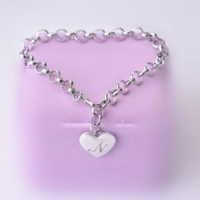 925 Sterling Silver Heart & Letter Charm Bracelet – Elegant A-Z Chain Jewelry for Women | Wedding, Party, Gift