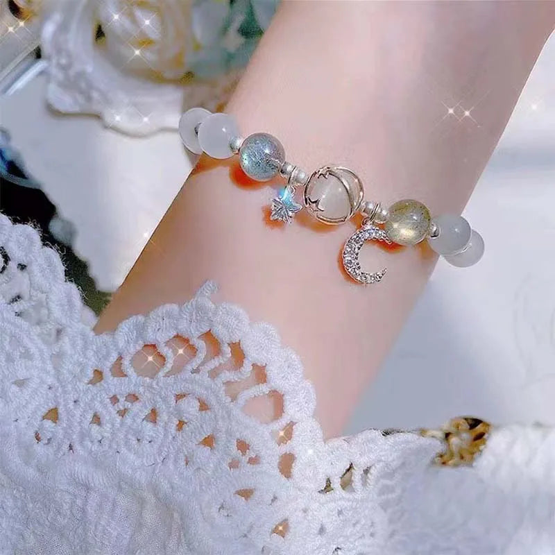 Fashion Crystal Opal Beaded Bracelet for Women Girls Sweet Star Moon Chain Pendant Charm Bracelets Wristband Jewelry Party Gifts