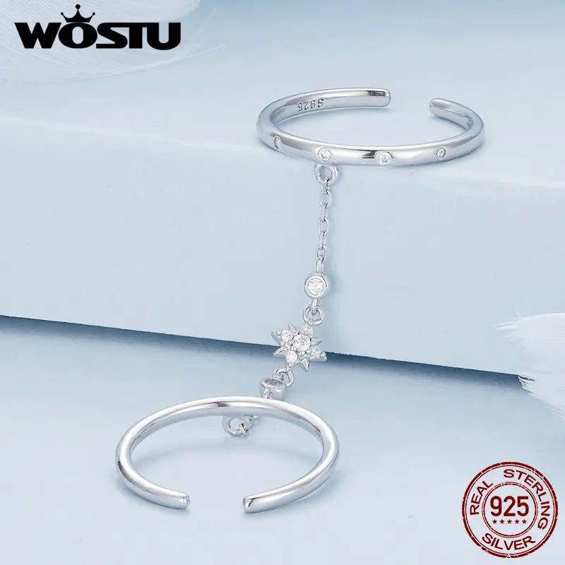 WOSTU Real 925 Sterling Silver Open Chain Ring – Double Circle Link Design for Women | Wedding & Party Jewelry Gift