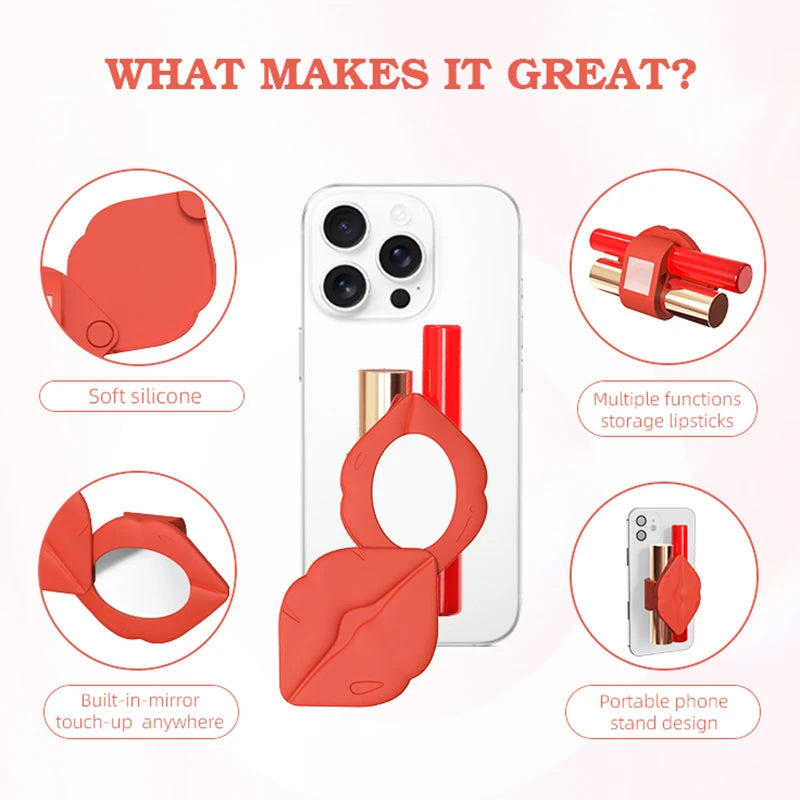 Phone Cover with Mirror and Lip Gloss Holder, Self-Adhesive Silicone Smartphone Case