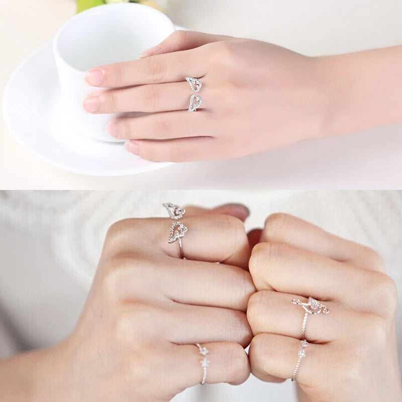 Korean Style Angel Wings Adjustable Ring – Silver Color Rhinestone Finger Jewelry for Women, Party & Birthday Gift
