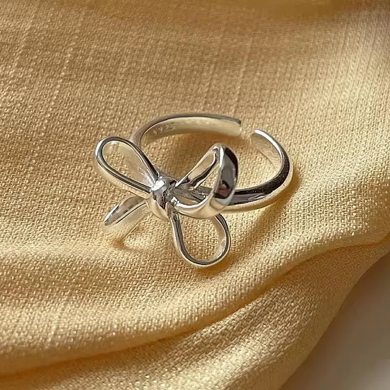 PANJBJ 925 Sterling Silver Bowknot Heart Ring – Adjustable Romantic Minimalist Jewelry Gift for Women