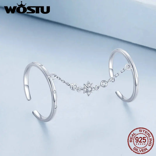 WOSTU Real 925 Sterling Silver Open Chain Ring – Double Circle Link Design for Women | Wedding & Party Jewelry Gift