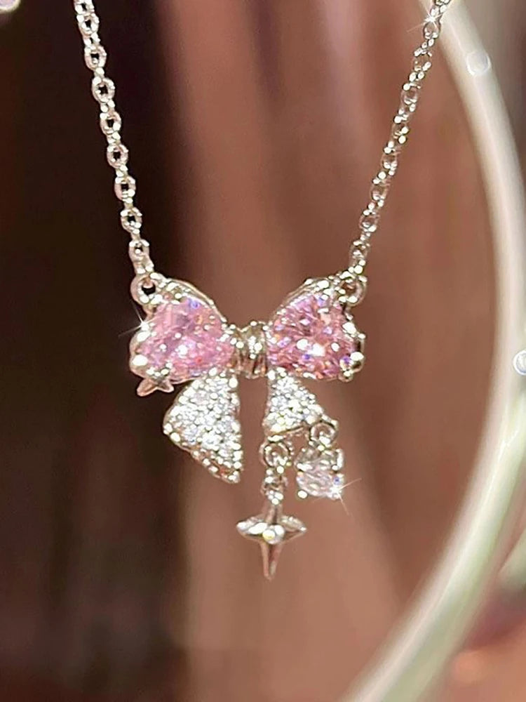 Sweet Pink Bow Necklace – Sparkling Rhinestone Star Pendant Clavicle Chain for Women | Wedding & Party Fashion Jewelry
