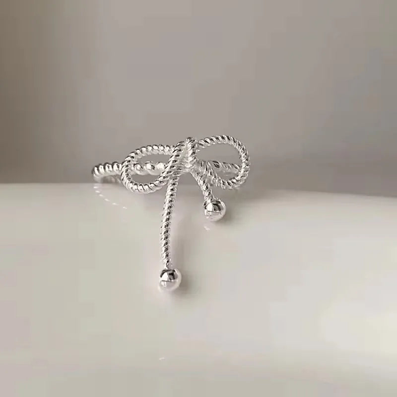 PANJBJ 925 Sterling Silver Bowknot Heart Ring – Adjustable Romantic Minimalist Jewelry Gift for Women