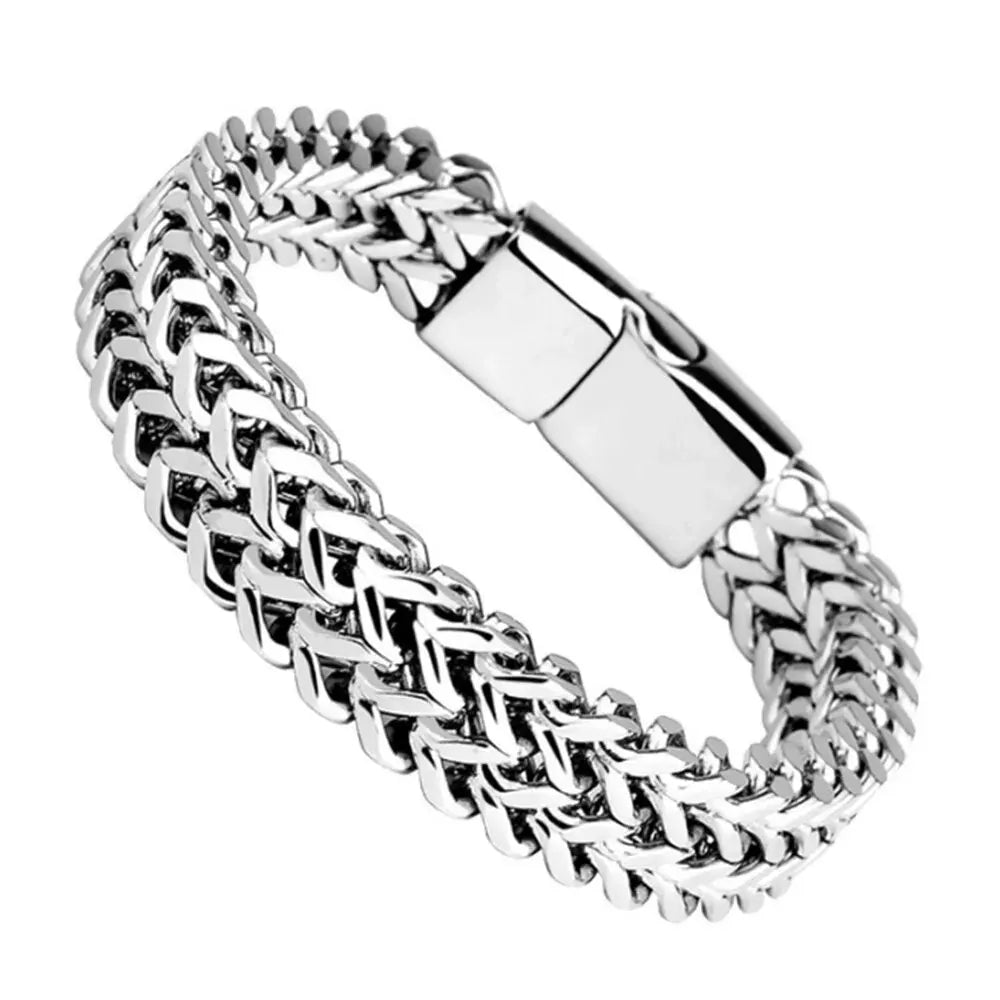 Stainless Steel Braided Magnetic Bracelet – Double Row Fish Scale Design with Alloy Keel Clasp | Men's Industrial Style Jewelry