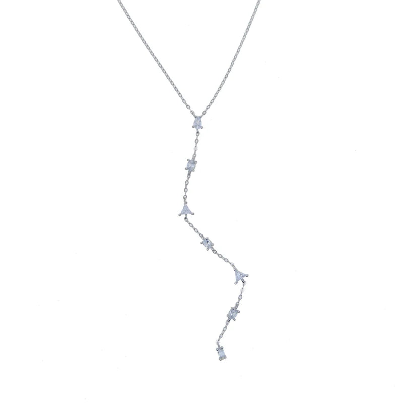 925 Sterling Silver Rose Gold Geometric CZ Y Lariat Necklace – Elegant Long Pendant Chain for Women
