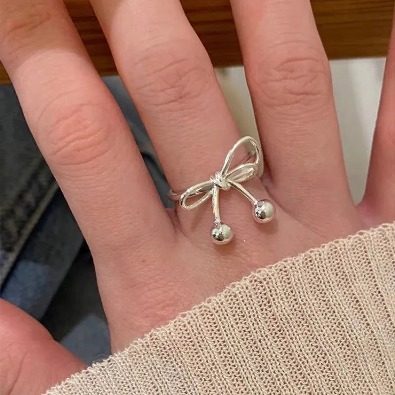 PANJBJ 925 Sterling Silver Bowknot Heart Ring – Adjustable Romantic Minimalist Jewelry Gift for Women