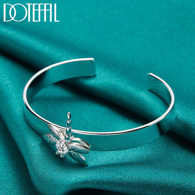 DOTEFFIL 925 Sterling Silver Dragonfly Bangle Bracelet – Smooth Charm Cuff for Women & Men | Wedding, Engagement, Party Jewelry