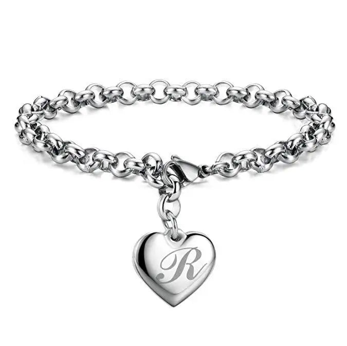 925 Sterling Silver Heart & Letter Charm Bracelet – Elegant A-Z Chain Jewelry for Women | Wedding, Party, Gift