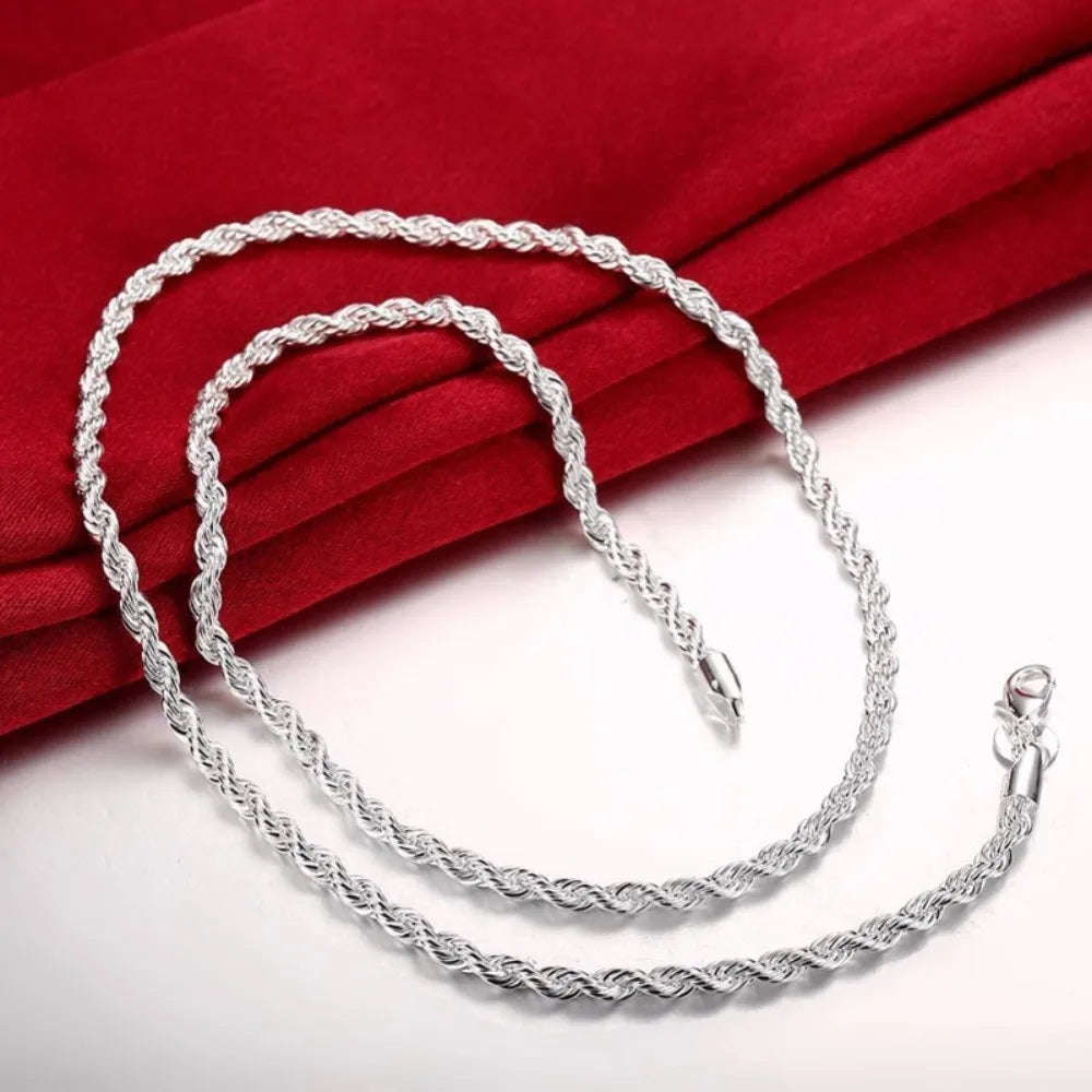 Silver Color 4mm Chain Male Twisted Rope Necklace Bracelets Fashion Women Men Silver High Quality Jewelry Set