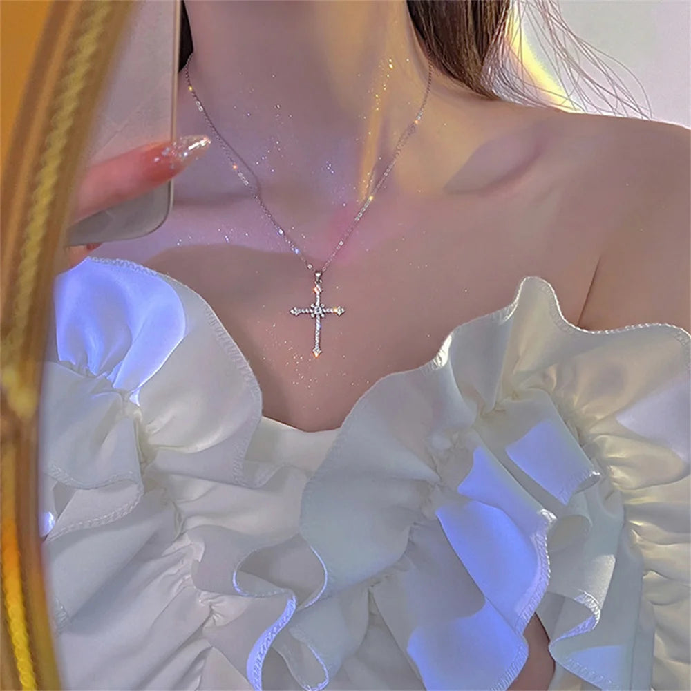 Elegant Crystal Cross Pendant Necklace – Silver Color Star Necklace for Women | Fashion Party Jewelry Gift Wholesale