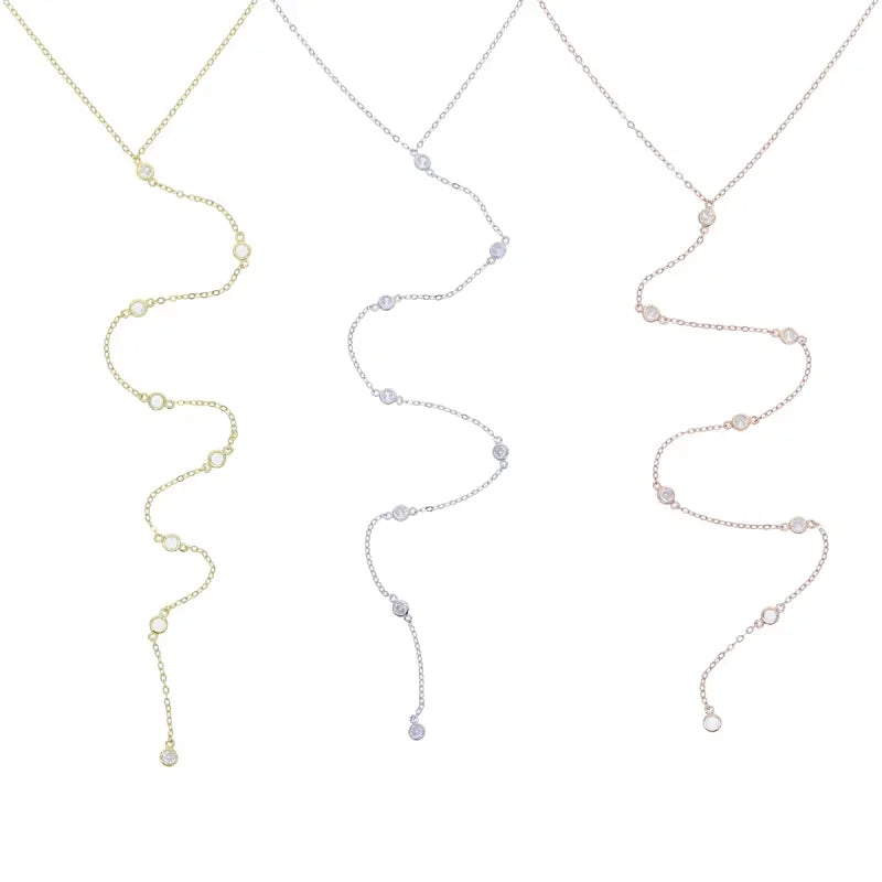925 Sterling Silver Rose Gold Geometric CZ Y Lariat Necklace – Elegant Long Pendant Chain for Women