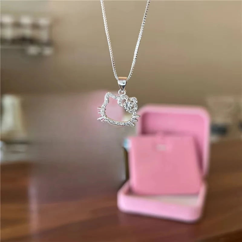 Lovely Hello kitty Sanrio Anime Kids Chain Necklace Cute Cartoon Hollowed Kitty Crystal Ring for Women Girls Birthday Gift