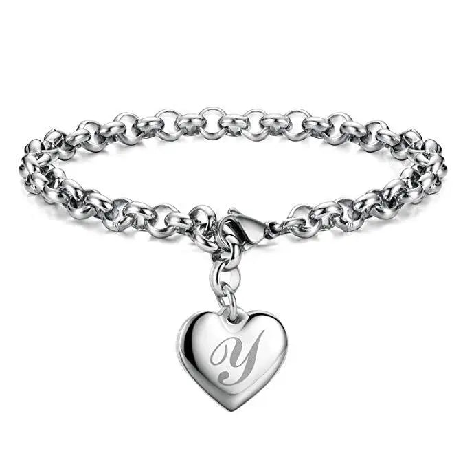 925 Sterling Silver Heart & Letter Charm Bracelet – Elegant A-Z Chain Jewelry for Women | Wedding, Party, Gift