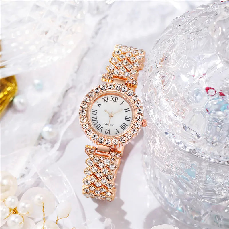 2PCS Women's Rhinestone Quartz Watch & Bracelet Set – Roman Dial Stainless Steel Fashion Gift