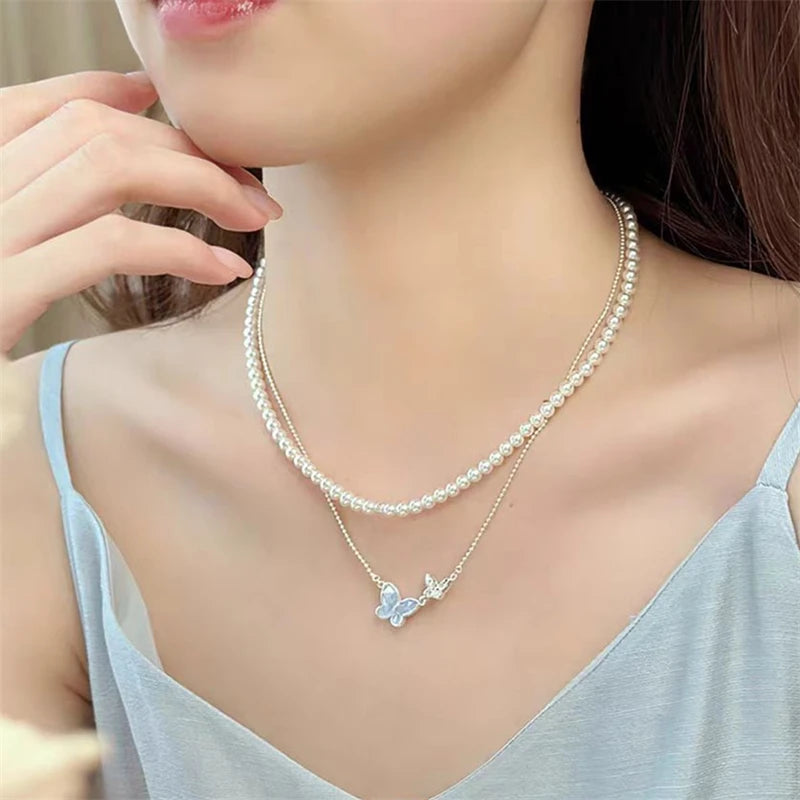 Simple Double Butterfly Blue Rhinestone Necklace Crystal Bracelet Exquisite Earrings Set Ladies Temperament Party Jewelry