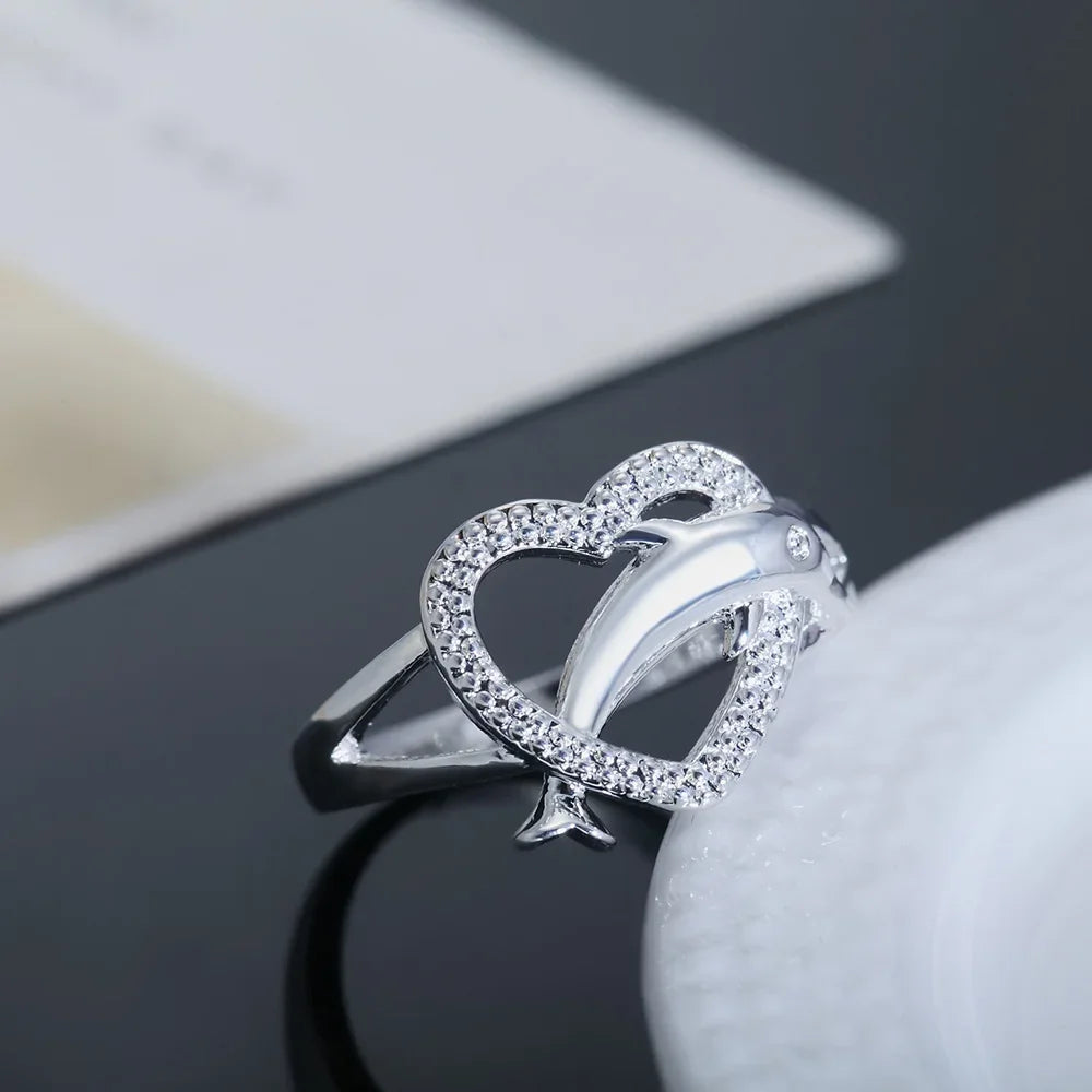 925 Sterling Silver Dolphin Heart Ring – Romantic Love Couple Ring for Women | Wedding & Party Gift Jewelry