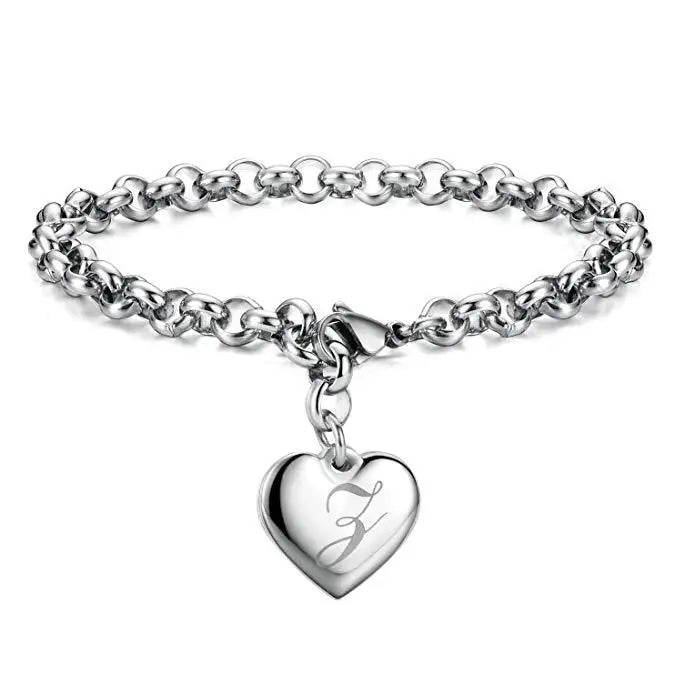 925 Sterling Silver Heart & Letter Charm Bracelet – Elegant A-Z Chain Jewelry for Women | Wedding, Party, Gift