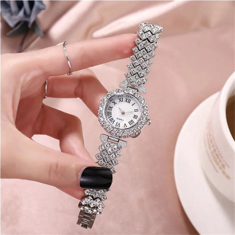 2PCS Women's Rhinestone Quartz Watch & Bracelet Set – Roman Dial Stainless Steel Fashion Gift