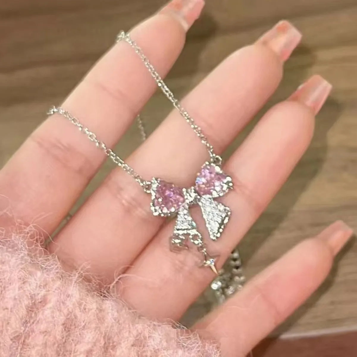 Sweet Pink Bow Necklace – Sparkling Rhinestone Star Pendant Clavicle Chain for Women | Wedding & Party Fashion Jewelry