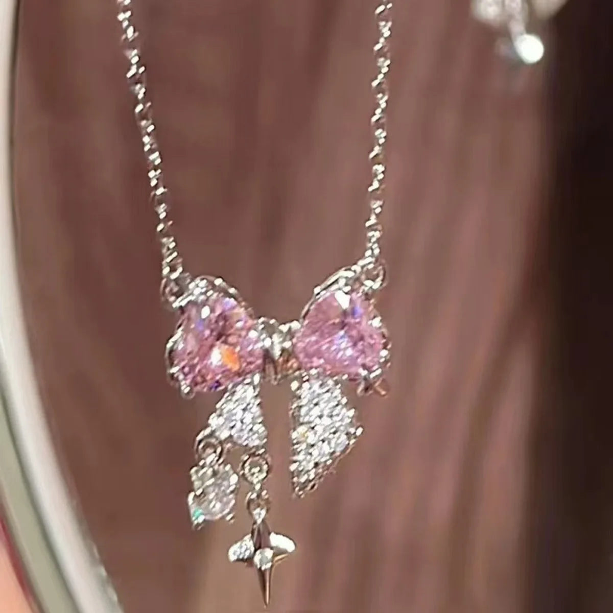 Sweet Pink Bow Necklace – Sparkling Rhinestone Star Pendant Clavicle Chain for Women | Wedding & Party Fashion Jewelry