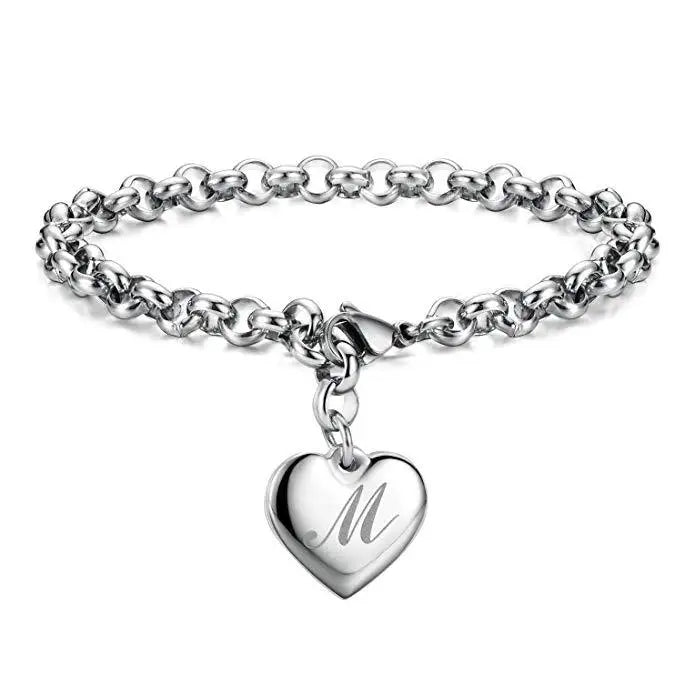 925 Sterling Silver Heart & Letter Charm Bracelet – Elegant A-Z Chain Jewelry for Women | Wedding, Party, Gift