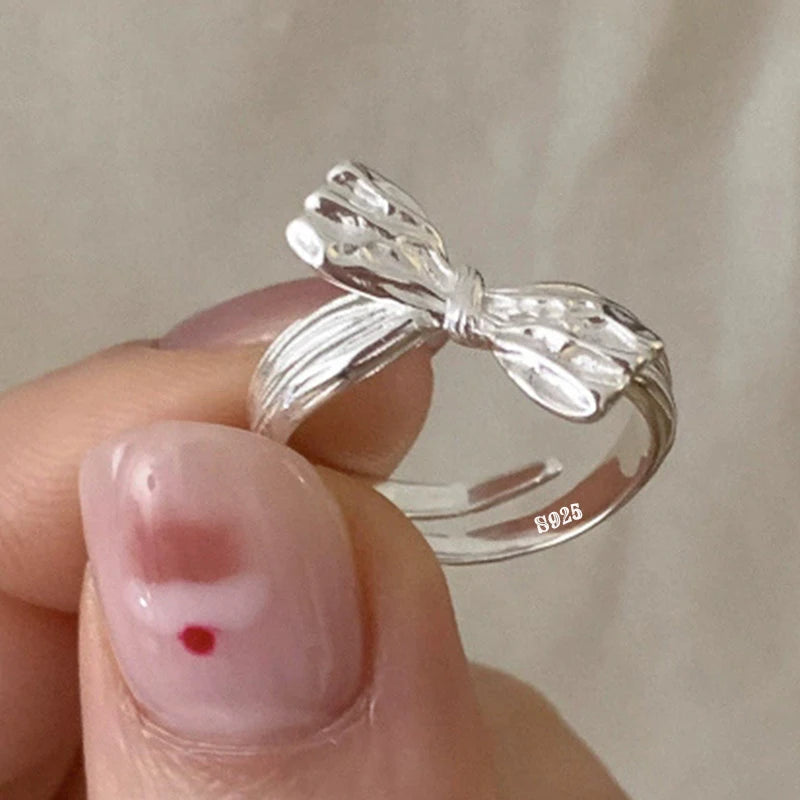 PANJBJ 925 Sterling Silver Bowknot Heart Ring – Adjustable Romantic Minimalist Jewelry Gift for Women