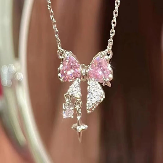 Sweet Pink Bow Necklace – Sparkling Rhinestone Star Pendant Clavicle Chain for Women | Wedding & Party Fashion Jewelry
