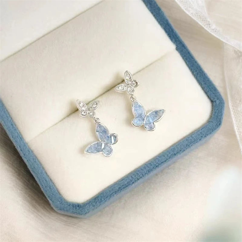 Simple Double Butterfly Blue Rhinestone Necklace Crystal Bracelet Exquisite Earrings Set Ladies Temperament Party Jewelry