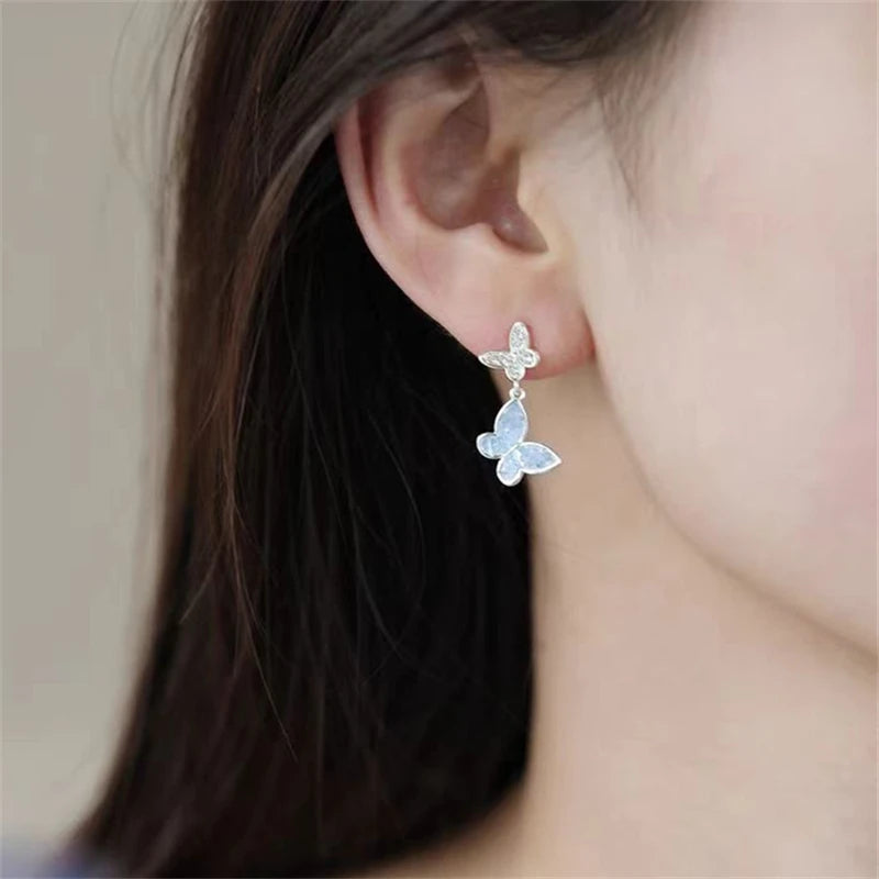 Simple Double Butterfly Blue Rhinestone Necklace Crystal Bracelet Exquisite Earrings Set Ladies Temperament Party Jewelry