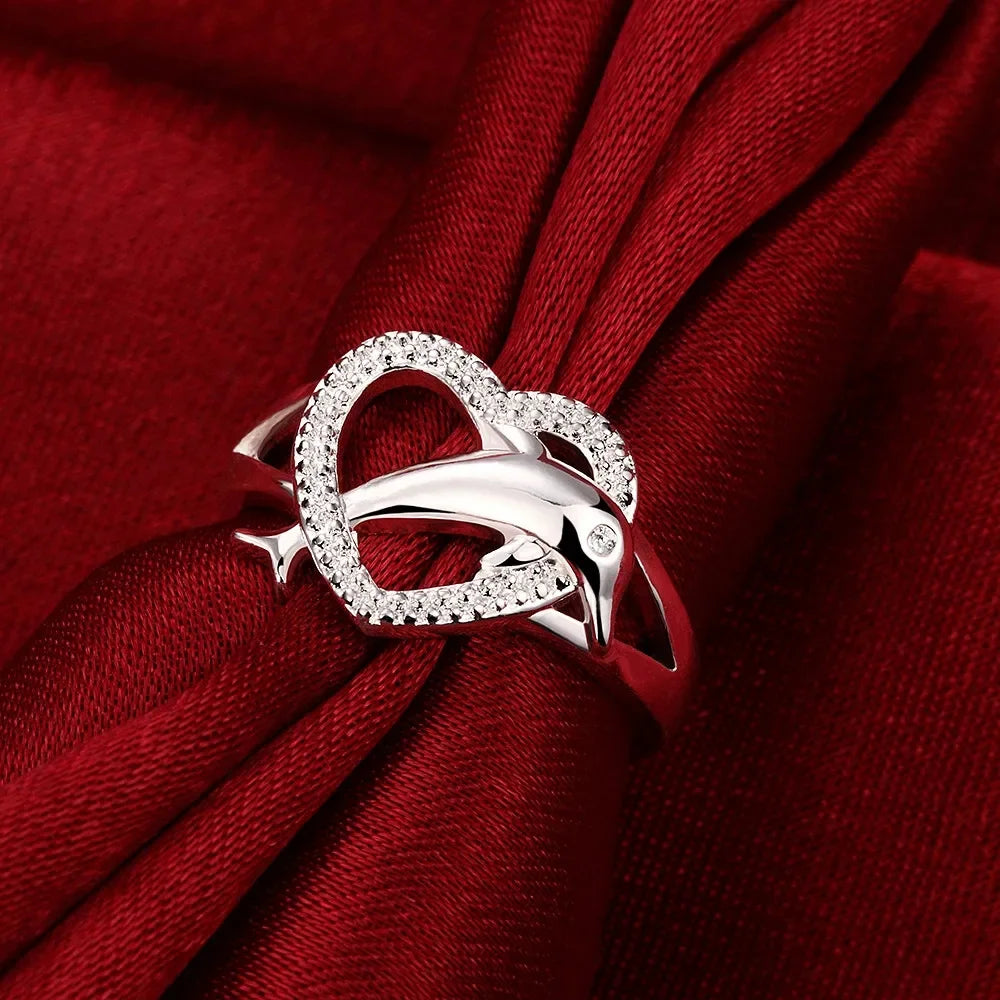 925 Sterling Silver Dolphin Heart Ring – Romantic Love Couple Ring for Women | Wedding & Party Gift Jewelry