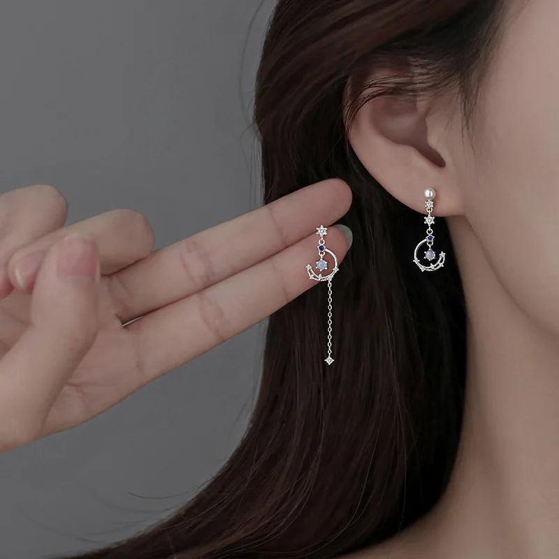 Korean Light Luxury Zircon Moon & Star Asymmetric Stud Earrings – Crystal Cloud Pearl Earrings for Women & Girls