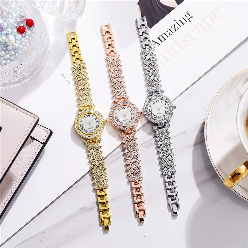 2PCS Women's Rhinestone Quartz Watch & Bracelet Set – Roman Dial Stainless Steel Fashion Gift