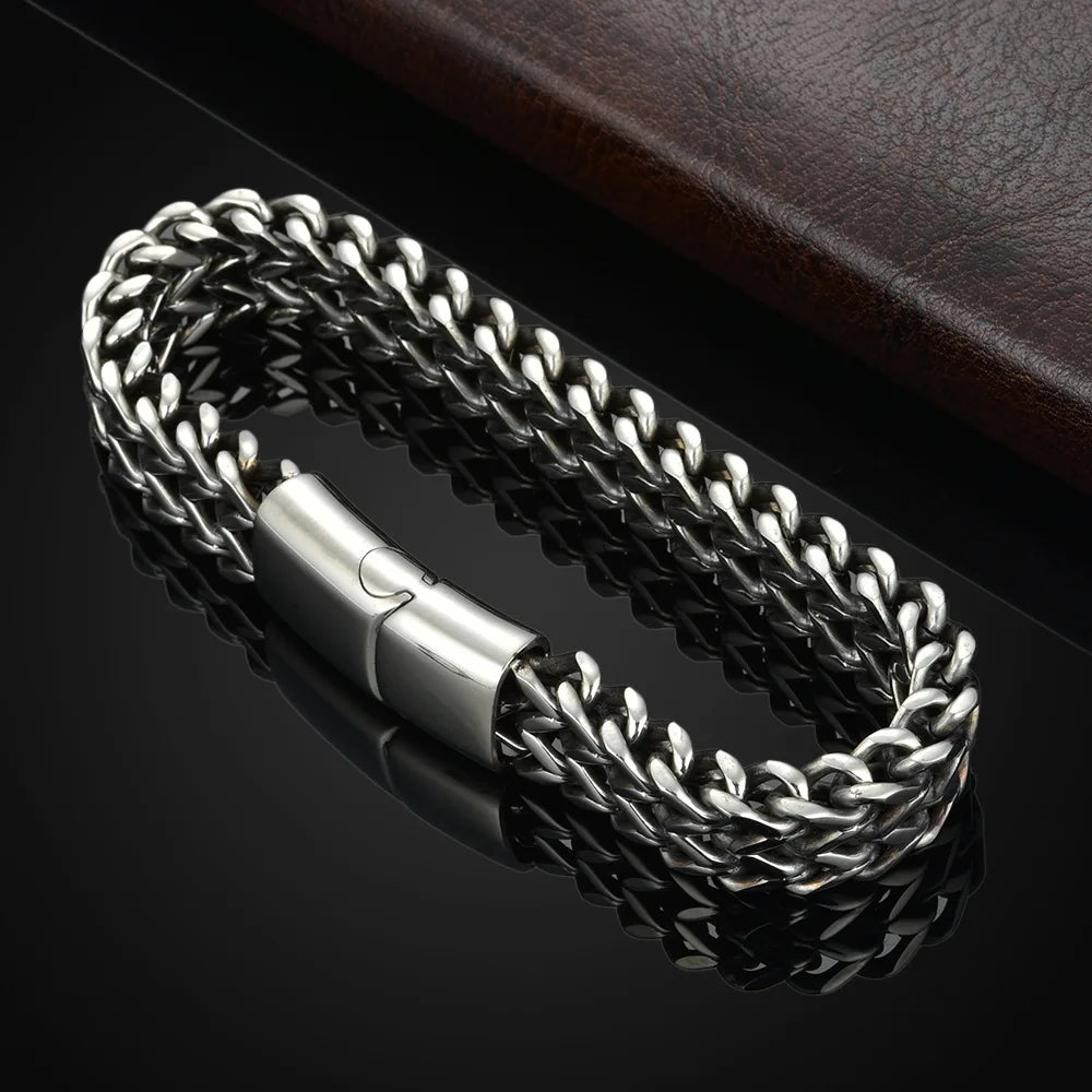 Stainless Steel Braided Magnetic Bracelet – Double Row Fish Scale Design with Alloy Keel Clasp | Men's Industrial Style Jewelry