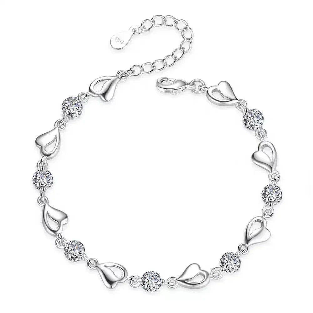 925 Sterling Silver Heart Necklace & Bracelet Set – Vintage Korean Blue Crystal Jewelry for Women | Party Gift Set