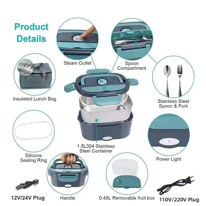 Electric Lunch Box Food Heater – Portable 2-Compartment Food Warmer for Car & Home, Leak-Proof, 110V/220V