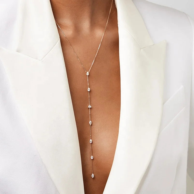 925 Sterling Silver Rose Gold Geometric CZ Y Lariat Necklace – Elegant Long Pendant Chain for Women