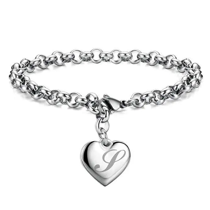 925 Sterling Silver Heart & Letter Charm Bracelet – Elegant A-Z Chain Jewelry for Women | Wedding, Party, Gift
