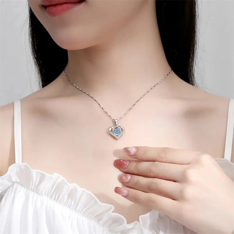 925 Sterling Silver Heart Necklace & Bracelet Set – Vintage Korean Blue Crystal Jewelry for Women | Party Gift Set