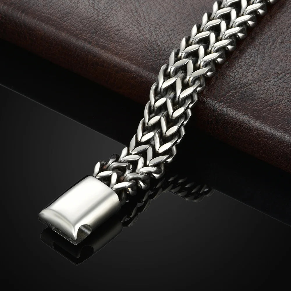 Stainless Steel Braided Magnetic Bracelet – Double Row Fish Scale Design with Alloy Keel Clasp | Men's Industrial Style Jewelry