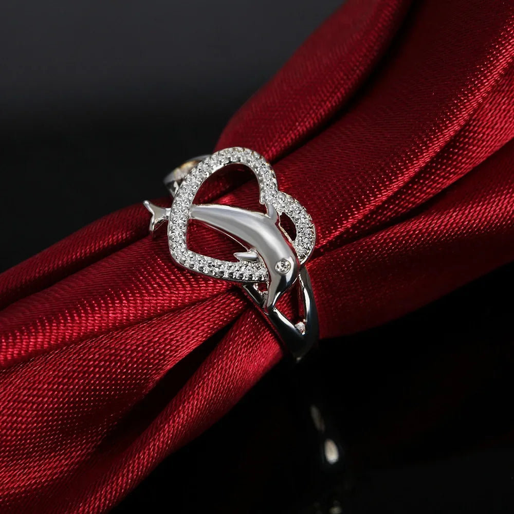 925 Sterling Silver Dolphin Heart Ring – Romantic Love Couple Ring for Women | Wedding & Party Gift Jewelry