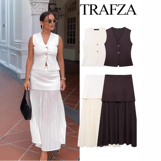 TRAFZA 2-Piece Knitted Vest & Skirt Set – European & American INS Style | Women's Casual Fashion Sleeveless Autumn Outfit