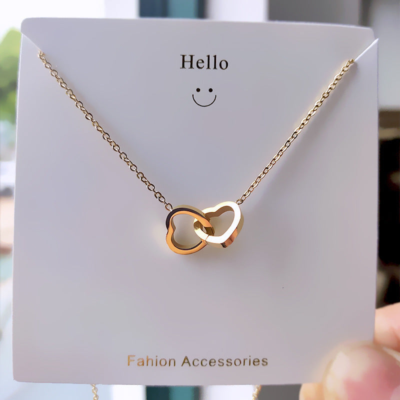 Korean version of 18k gold simple double-ring love clavicle chain titanium steel non-fading Internet celebrity necklace niche ins jewelry wholesale